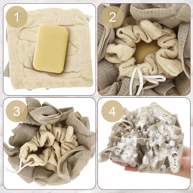 PKRFCJ 3 Pcs Soap Bar Loofah, 2 in 1 Bar Soap Loofah Pouch Can Hold Soap Effective Exfoliation for Bathing (Beige*2 + Khaki*1) - Image 3